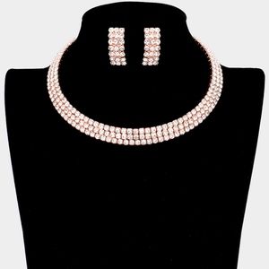 Rose Gold Crystal Rhinestone Choker Necklace Cuff 3 Row Statement Jewelry Set